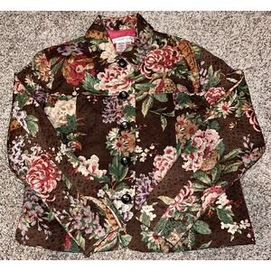Vintage Coldwater Creek Floral Tapestry Jacket Brown Multicolor Roses PS